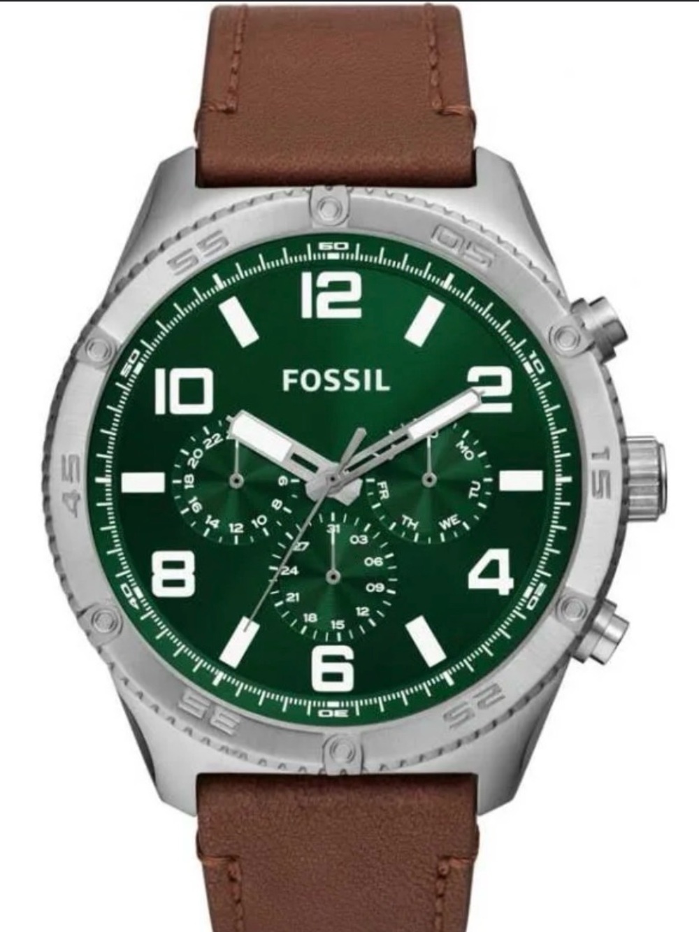 Fossil Green Dial chronograph Silver Case Brown Leather Strap Watch Mens